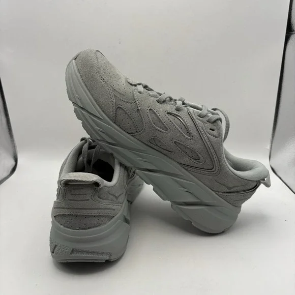 Hoka One One Men 8.5 Women's 9.5 Clifton L Suede Limestone Grey Running Shoe